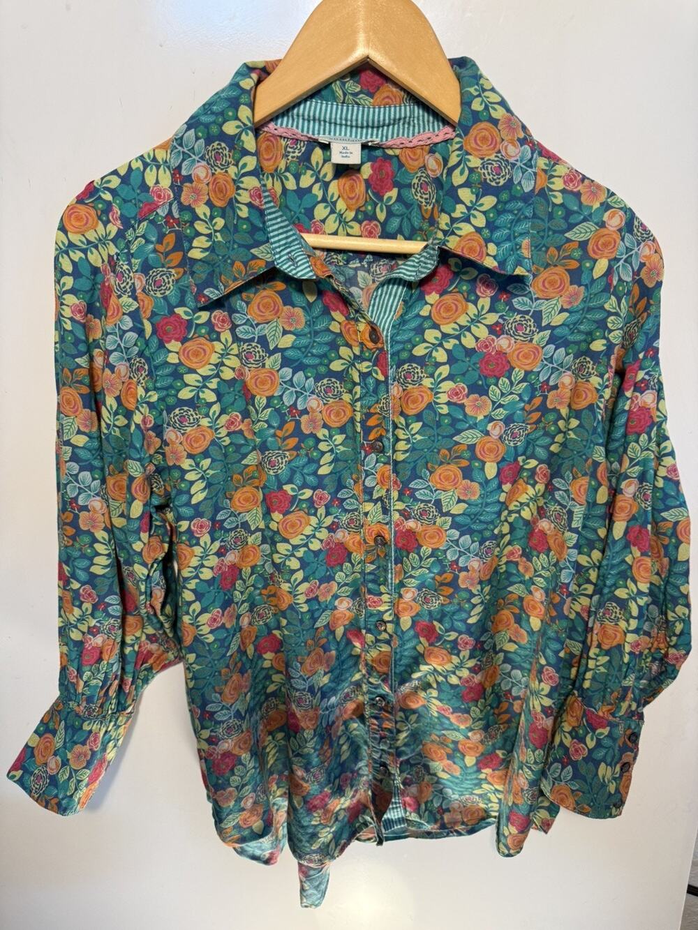 Sundance Rosie Vines Floral Shirt Size XL Green Blue Coral Puff Sleeve Collared